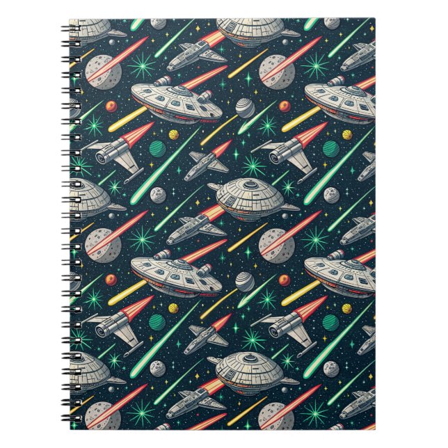 Retro Spaceship Sci-Fi Space Battle Comic Pattern Notebook (Front)