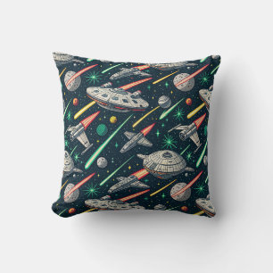Retro Spaceship Sci-Fi Space Battle Comic Pattern Throw Pillow