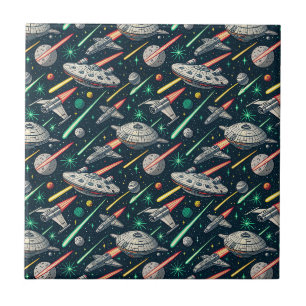 Retro Spaceship Sci-Fi Space Battle Comic Pattern Tile