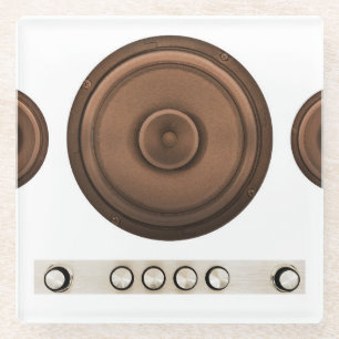 Retro speakers: brown, isolated white. glass coaster