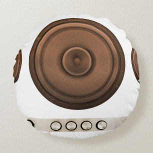 Retro speakers: brown, isolated white. round pillow