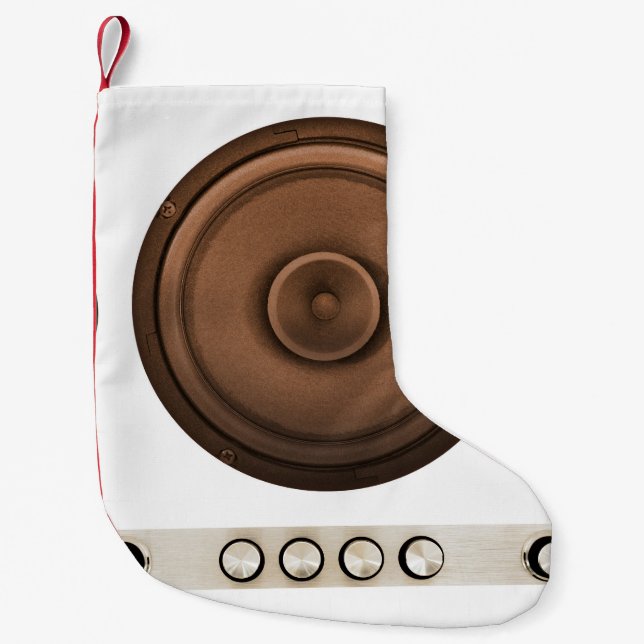Retro speakers: brown, isolated white. small christmas stocking (Front)