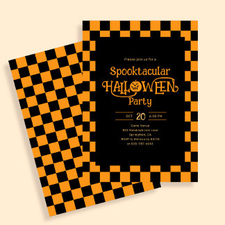 Retro Spooktacular Halloween Checkered Orange Invitation