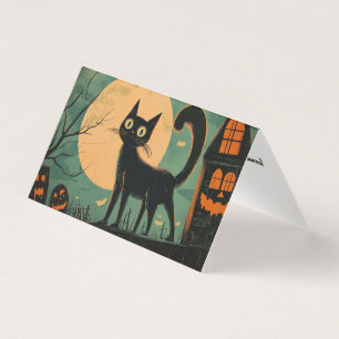 Retro Spooky Black Cat Halloween Graveyard Scene