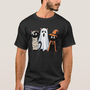 Retro Spooky Halloween Three Black Cats Mummy Ghos T-Shirt