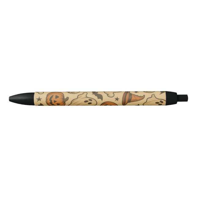 Retro Spooky Icons on Cream Background Black Ink Pen (Front)