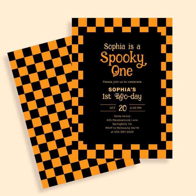 Retro Spooky One Checkered Orange 1st Birthday Invitation (Creator Uploaded)