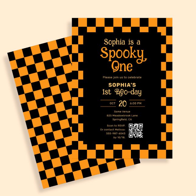 Retro Spooky One Checkered Orange 1st Birthday Invitation (Creator Uploaded)