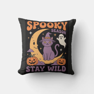 Retro Spooky Season Stay Wild Witch Cat Throw Pillow