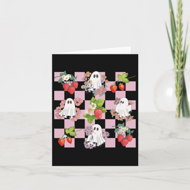 Retro Spooky Strawberry Ghost Halloween Ghost Cott Card (Front)