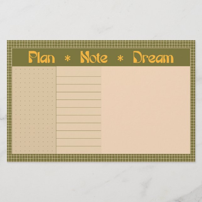 Retro Spring Hand Drawn Plan and Dream Green Grid Stationery (Front)