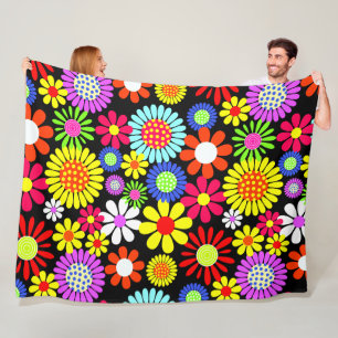 Retro spring hippie flower power fleece blanket