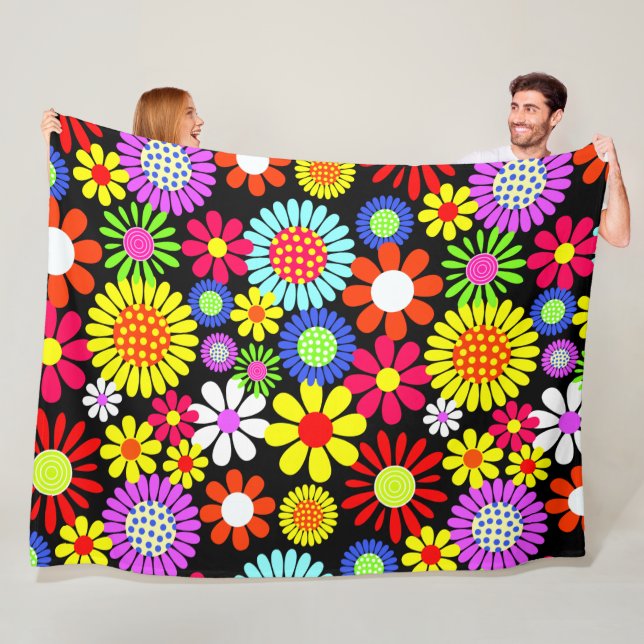 Retro spring hippie flower power fleece blanket (In Situ)