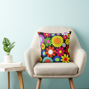 Retro spring hippie flower power throw pillow