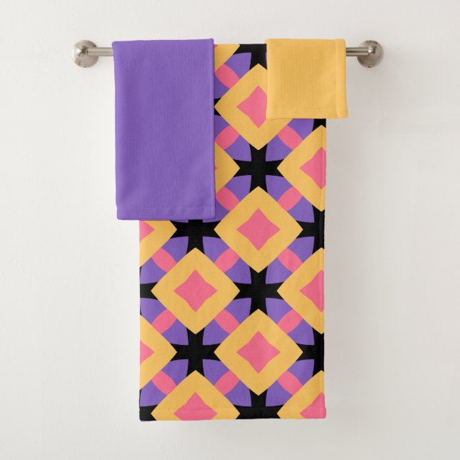 Retro Square Grid Pattern with Bright Colours Bath Towel Set (Insitu)