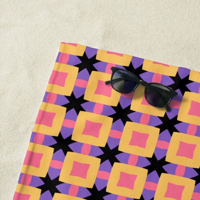 Retro Square Grid Pattern with Bright Colours Beach Towel (In Situ)