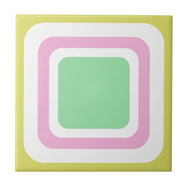 Retro Square Pastel Green Pink White Tile (Front)
