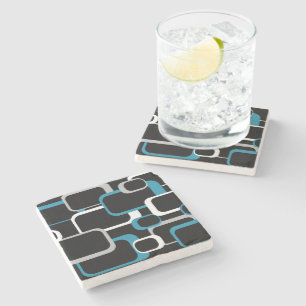 Retro Squares Blue Grey White Pattern Black  Stone Coaster