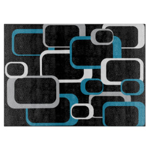 Retro Squares Blue White Grey Pattern Black  Cutting Board