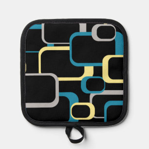 Retro Squares Blue Yellow Grey Black Background Pot Holder