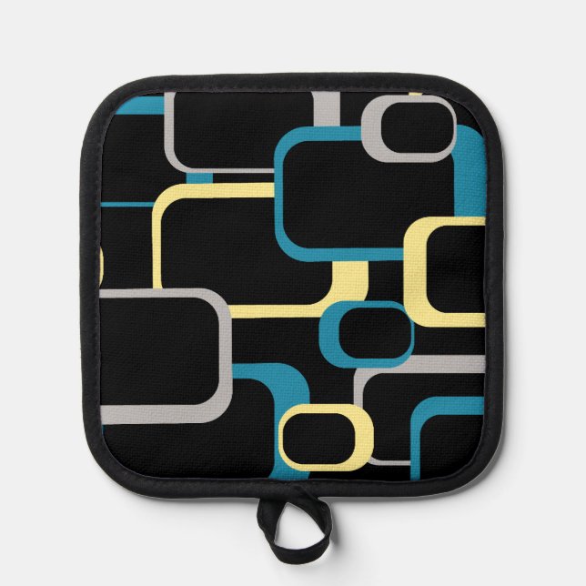 Retro Squares Blue Yellow Grey Black Background Pot Holder (Front)