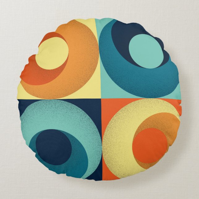 Retro Squares & Circles: 1960s Pattern Round Pillow (Front)