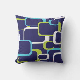 Retro Squares Pattern Green Blue White Throw Pillow