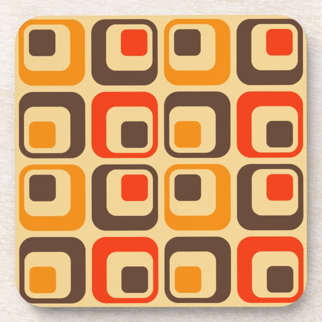 Retro Squares Pattern - Red, Brown & Orange Coaster (Front)