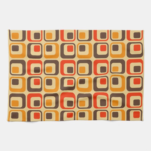 Retro Squares Pattern - Red, Brown & Orange Kitchen Towel (Horizontal)