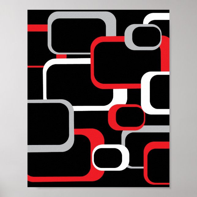 Retro Squares Pattern Red Gray White Black Poster (Front)