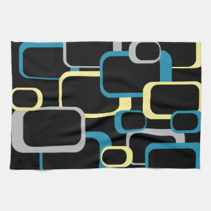 Retro Squares Pattern Yellow Blue Grey Black Kitchen Towel