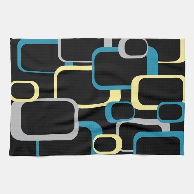 Retro Squares Pattern Yellow Blue Grey Black Kitchen Towel (Horizontal)