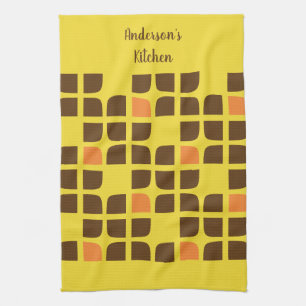 Retro Squares Yellow Brown Custom Family Name Kitchen Towel