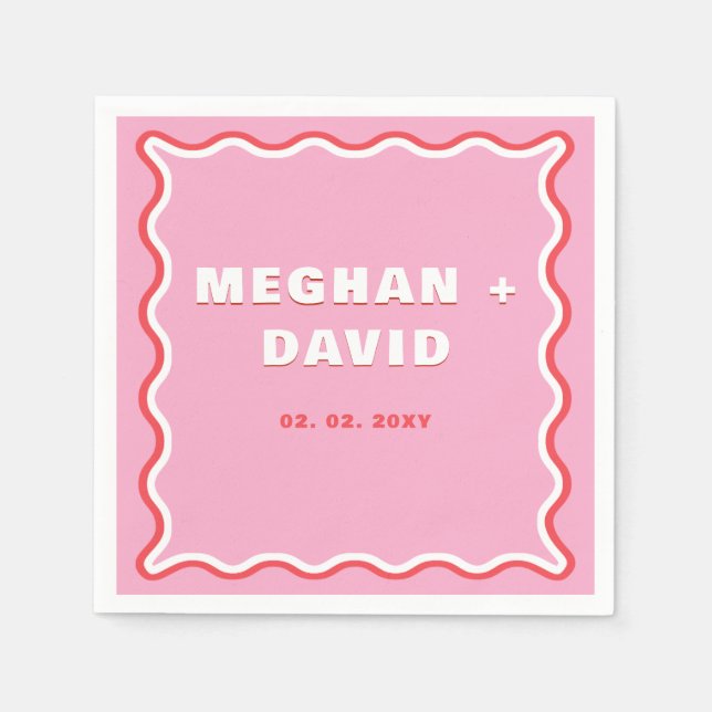 Retro Squiggle Wavy Curve Pink Red Wedding  Napkin (Front)