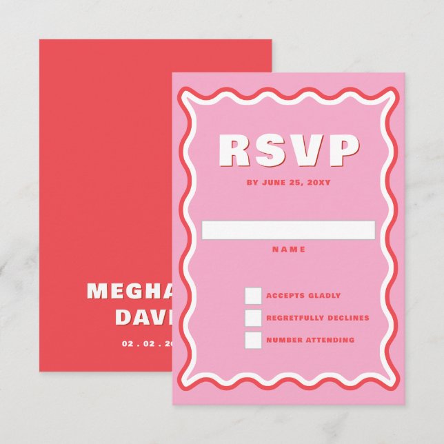 Retro Squiggle Wavy Curve Pink Red Wedding  RSVP Card (Front/Back)