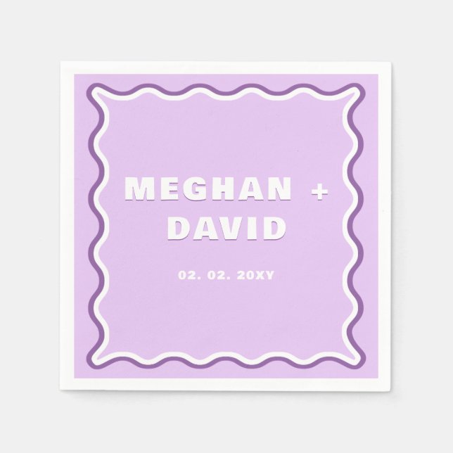Retro Squiggle Wavy Curve Purple Wedding  Napkin (Front)