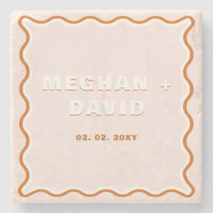 Retro Squiggle Wavy Curve Terracotta Wedding Stone Coaster