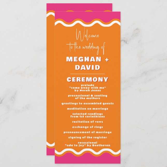Retro Squiggle Wavy Pink Orange Wedding  Program (Front/Back)