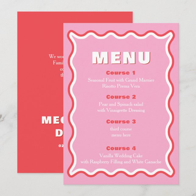 Retro Squiggle Wavy Pink Red Menu Mariage (Devant / Derrière)