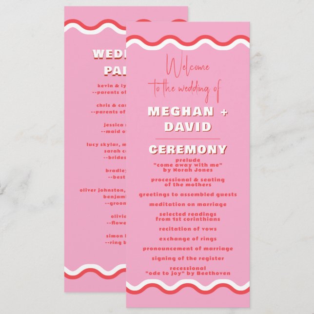 Retro Squiggle Wavy Pink Red Wedding   Program (Front/Back)