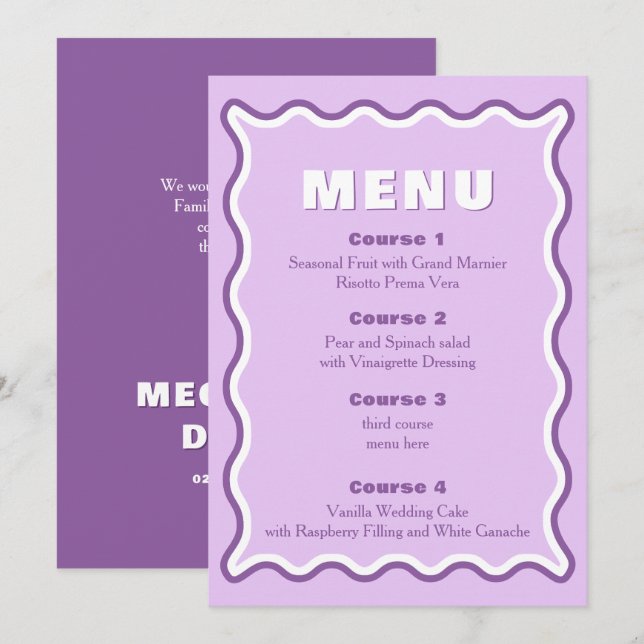 Retro Squiggle Wavy Purple Wedding  Menu (Front/Back)