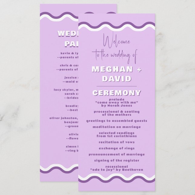 Retro Squiggle Wavy Purple Wedding Program (Front/Back)