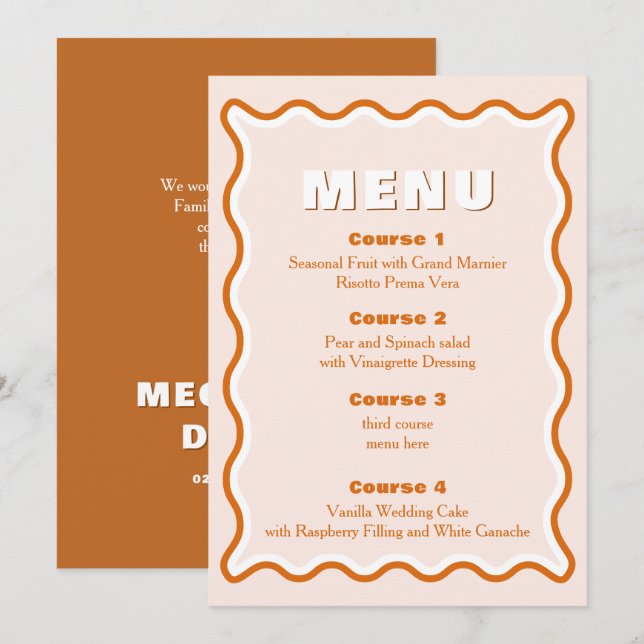 Retro Squiggle Wavy Terracotta Wedding  Menu (Front/Back)