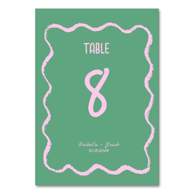 Retro Squiggle Whimsical Pink and Green Wedding  Table Number (Front)