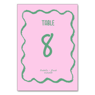 Retro Squiggle Whimsical Pink and Green Wedding Table Number
