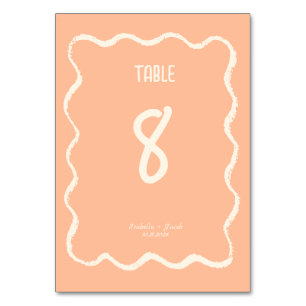 Retro Squiggle Whimsical Quirky Peach Wedding  Table Number