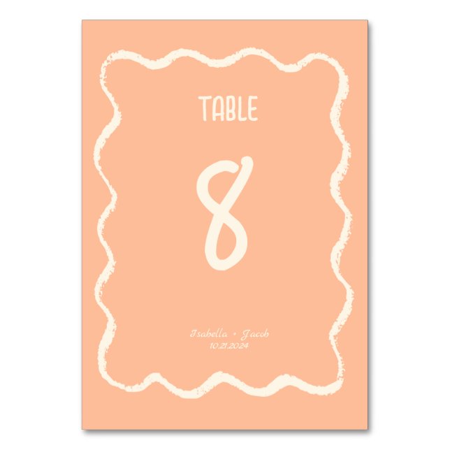 Retro Squiggle Whimsical Quirky Peach Wedding  Table Number (Front)