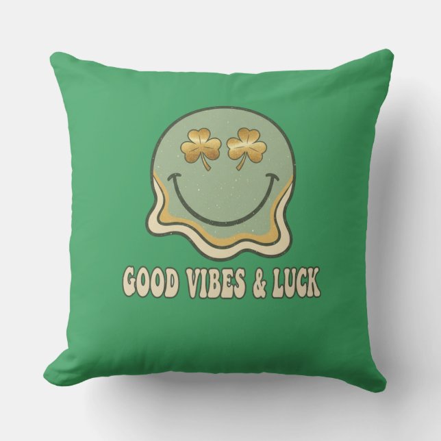 Retro St. Patrick's Day Good Vibes & Luck Smiley  Throw Pillow (Front)