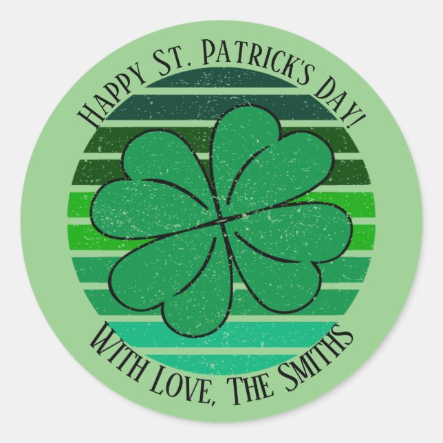 Retro St. Patrick's Day Name Irish 4 Leaf Clover Classic Round Sticker (Front)