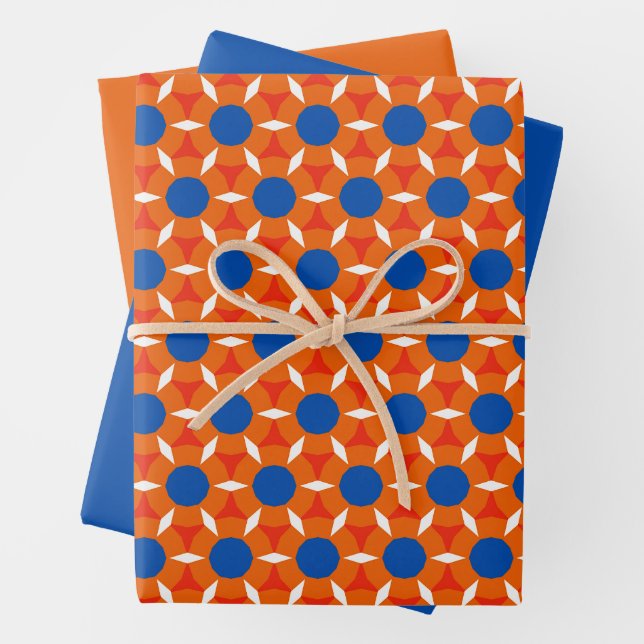Retro Star Round Flower Orange Blue Wrapping Paper Sheet (In situ)